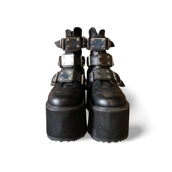 Demonia Black Platform Ankle Boots with Buckles - Picture 3 of 8